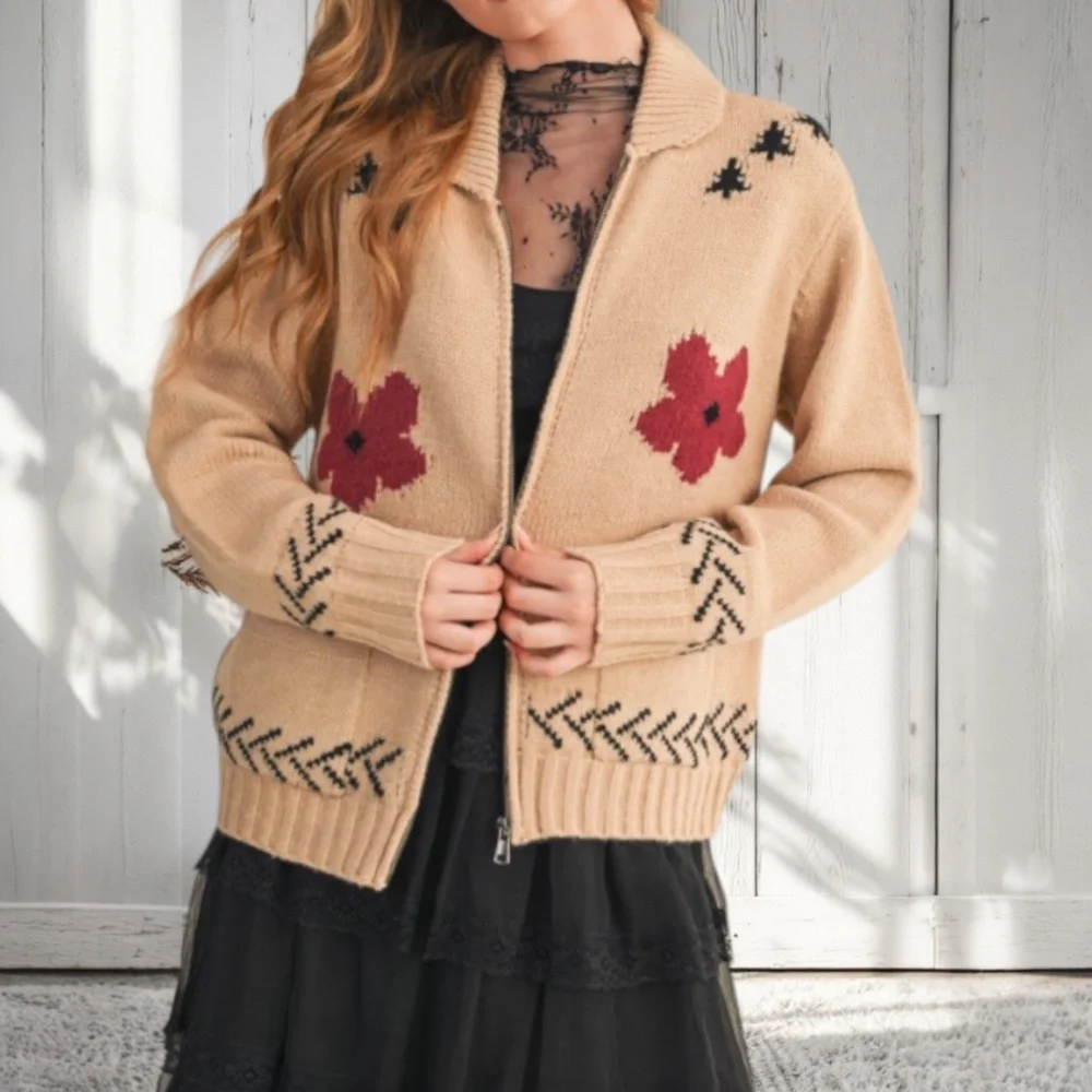 SOLD OUT Taupe Horse Floral Knit Zip Up Western Cardigan Sweater w/ Pockets - Picture 3 of 3